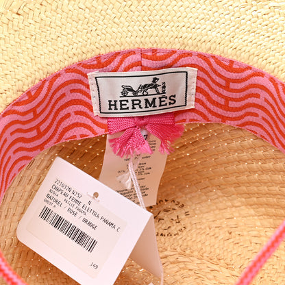 Hermes Straw Panama Elettra Hat 57 Naturel Rose Orange 8 of 8