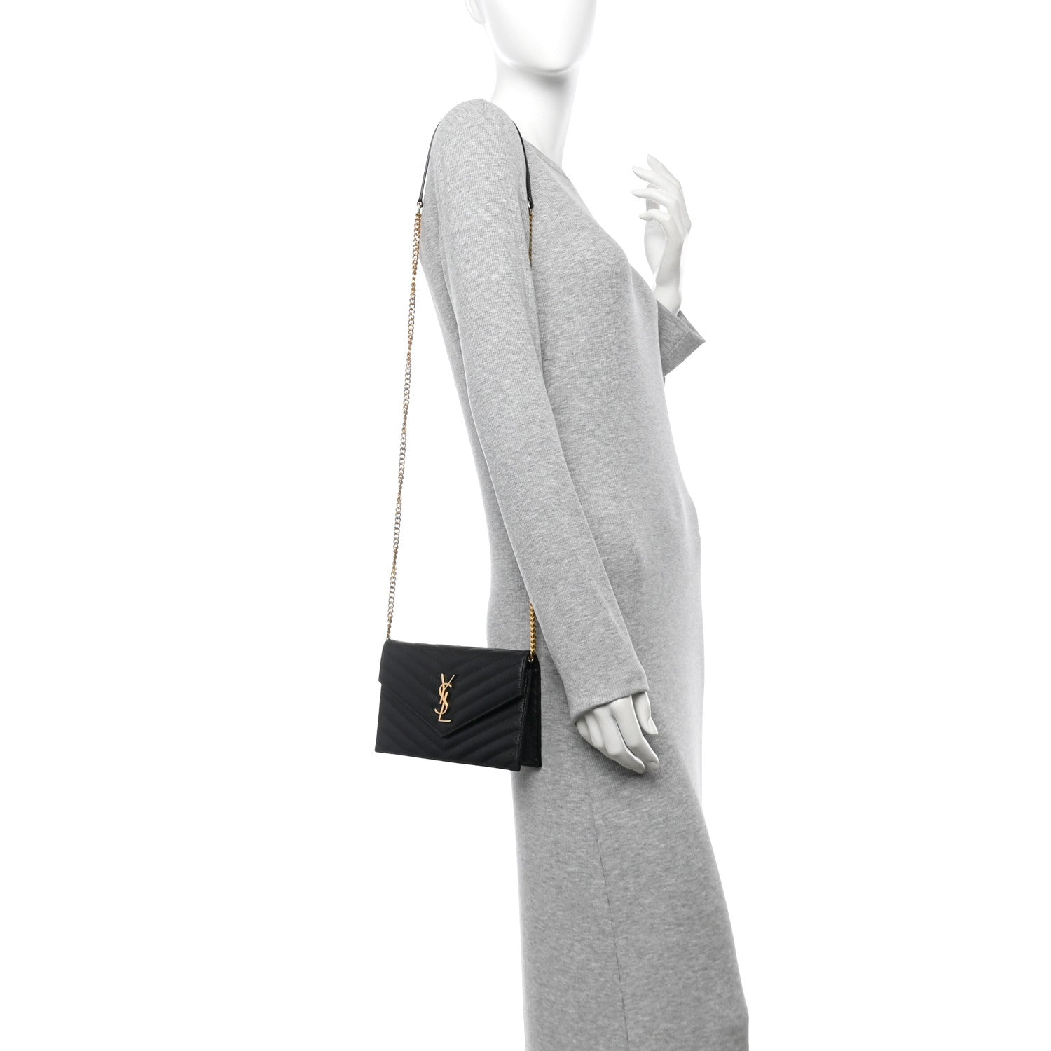 Saint Laurent Grain De Poudre Matelasse Chevron Monogram Envelope Chain Wallet Black 2 of 14