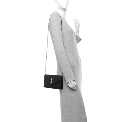 Saint Laurent Grain De Poudre Matelasse Chevron Monogram Envelope Chain Wallet Black 2 of 14