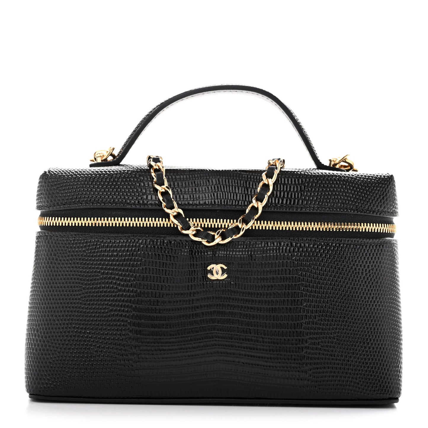 Lizard Embossed Calfskin Top Handle Slim Vanity With Chain Black