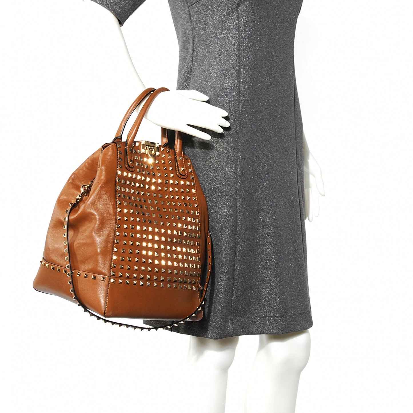 Vitello Rockstud All Over New Dome Bucket Tote Cognac