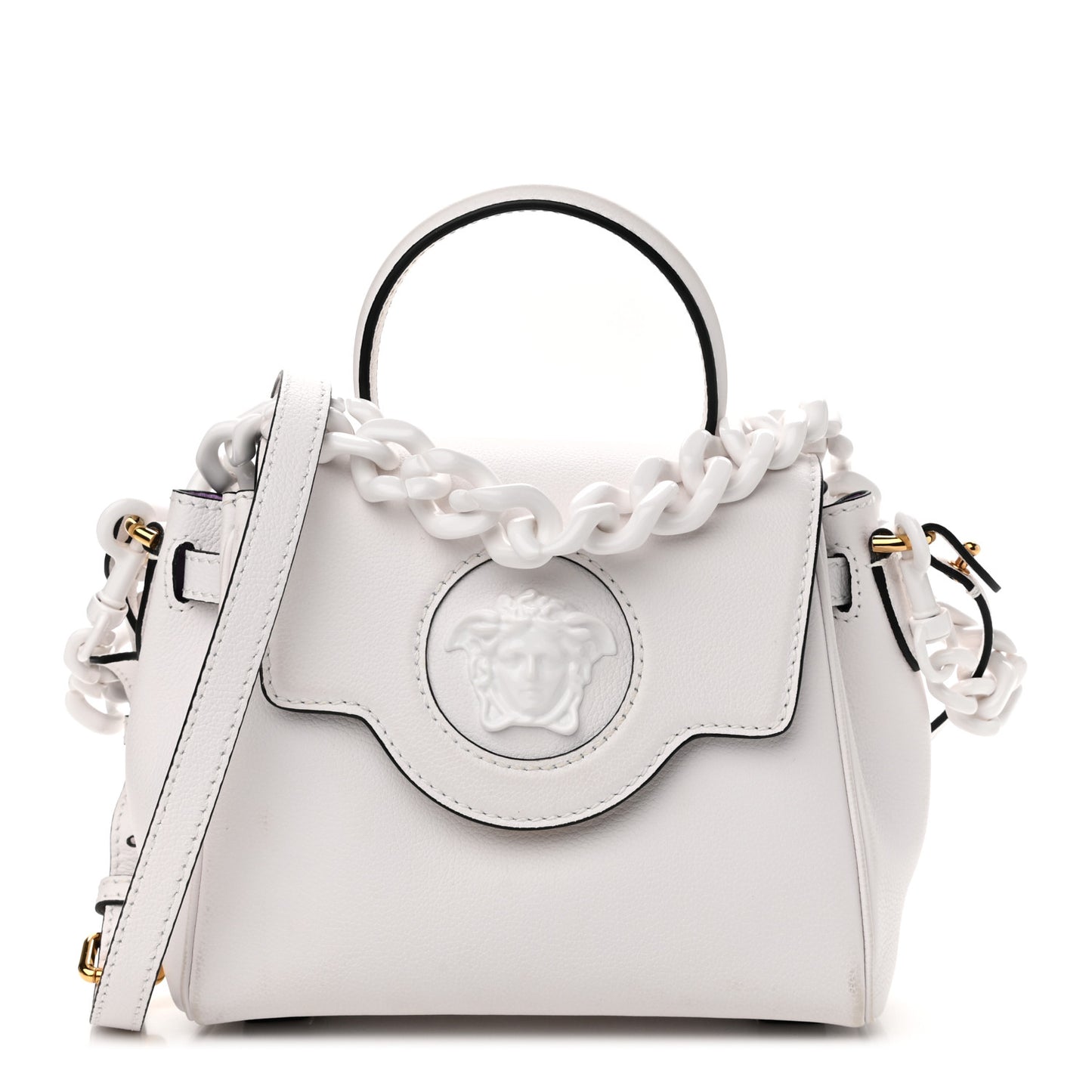 Grained Calfskin Small La Medusa Top Handle Bag White