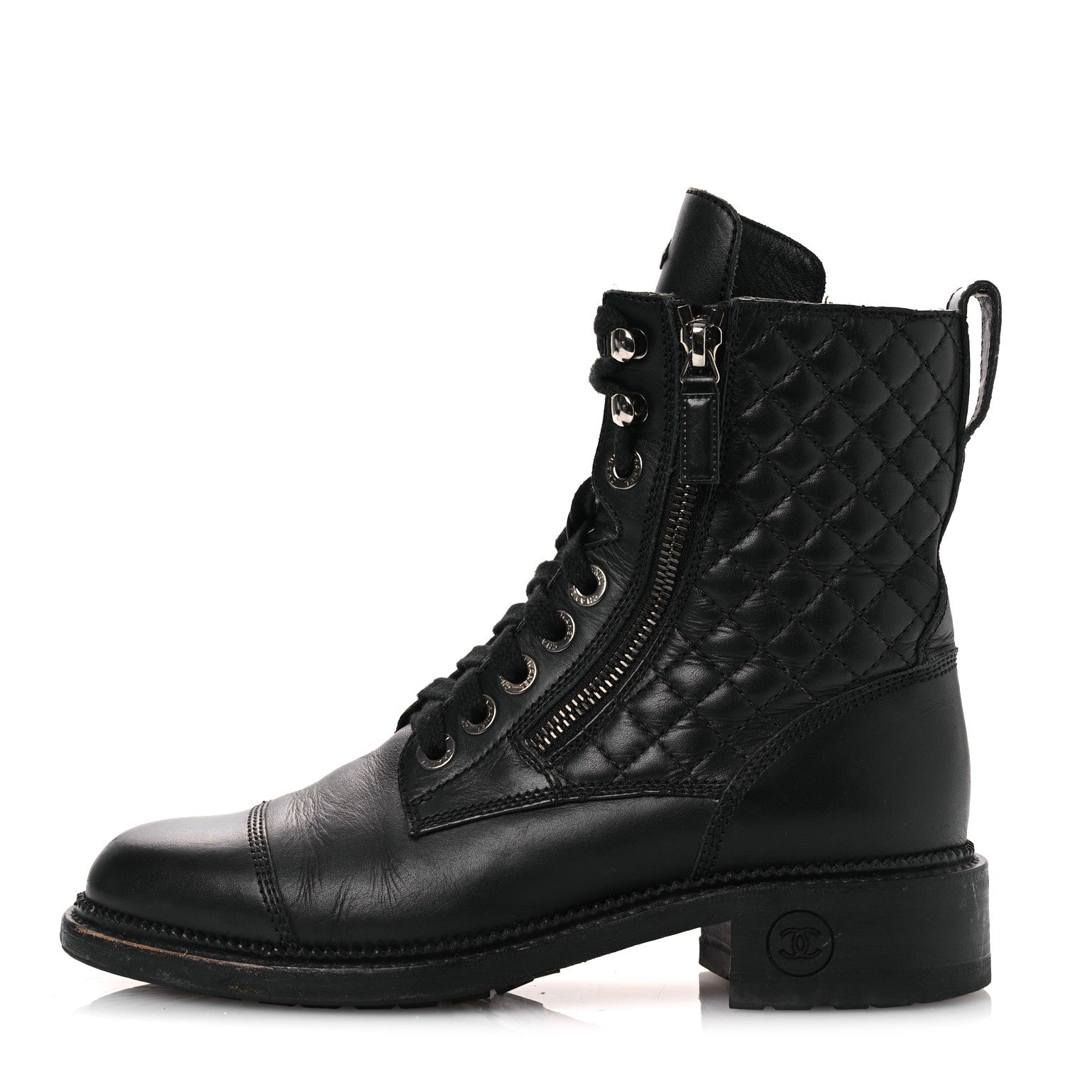 Chanel Calfskin Quilted Lace Up Combat Boots 37.5 Black 1 of 15