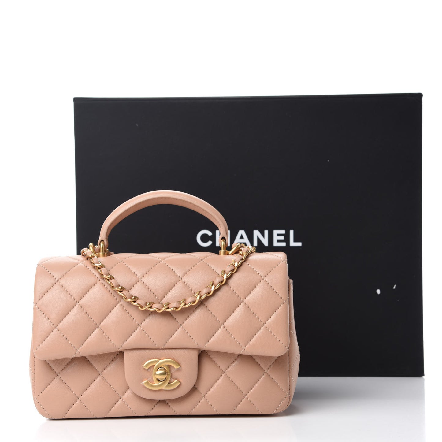 Lambskin Quilted Mini Top Handle Rectangular Flap Beige