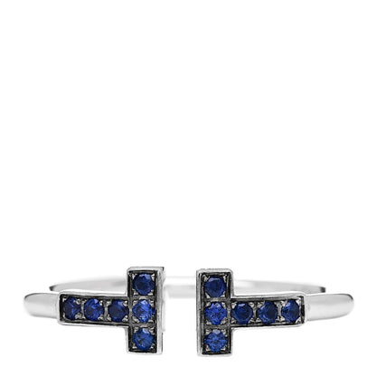 Tiffany 18K White Gold Blue Sapphire T Wire Ring 55 7.25 1 of 4