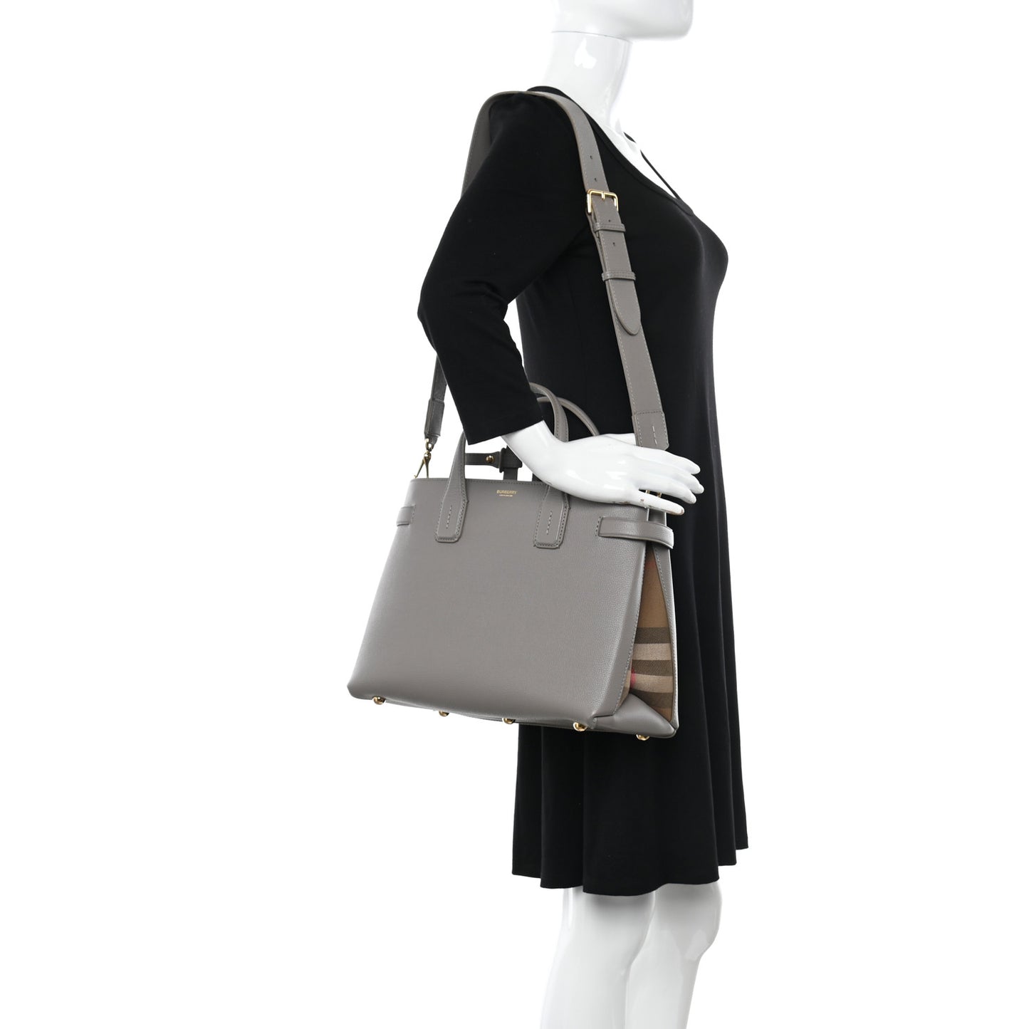 Derby Calfskin House Check Medium Banner Tote Taupe Brown