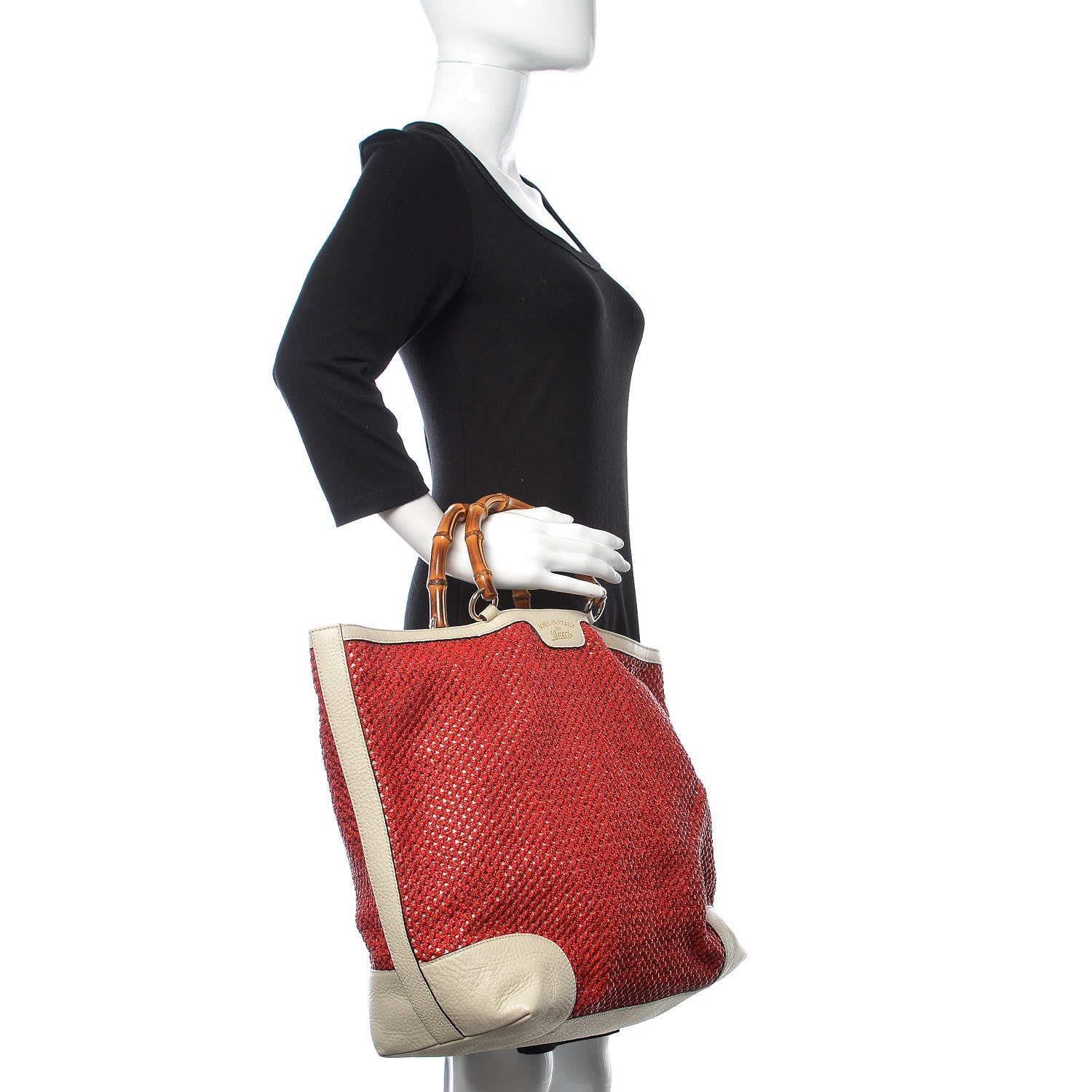 Gucci Straw Calfskin Bamboo Shopper Tote Raspberry 2 of 11