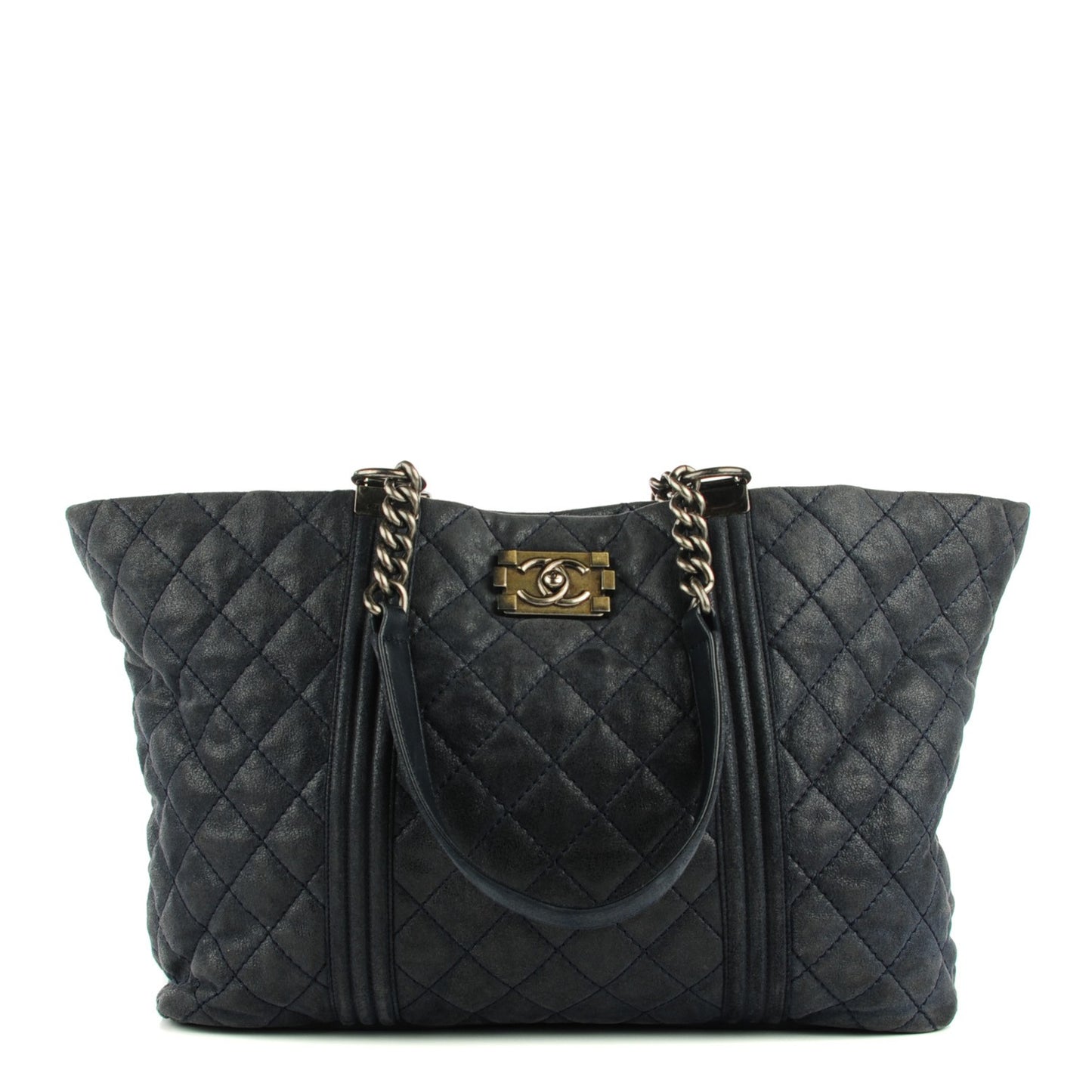 Iridescent Calfskin Quilted Large Gentle Boy Shopping Tote Navy