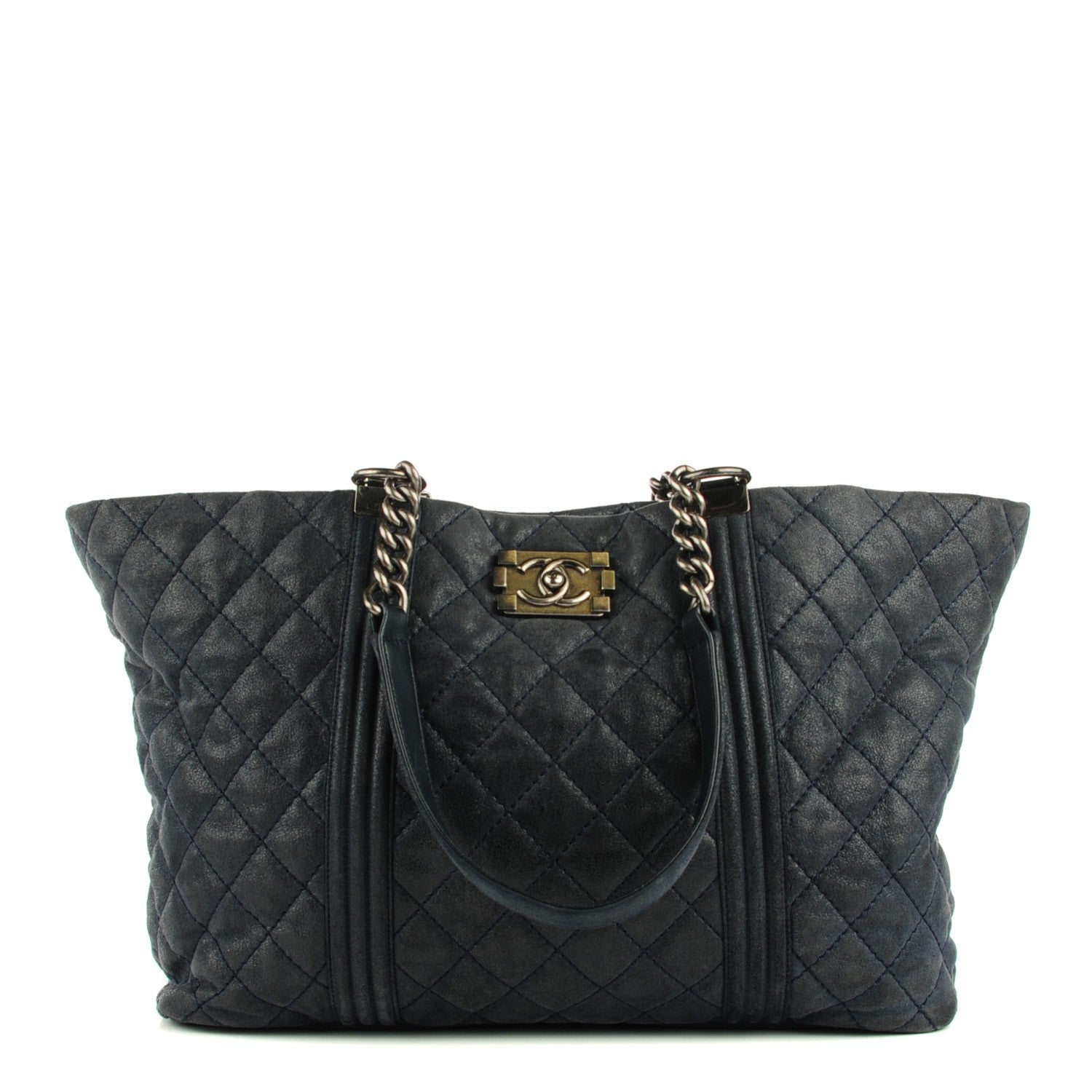 Chanel Iridescent Calfskin Quilted Large Gentle Boy Shopping Tote Navy 1 of 7