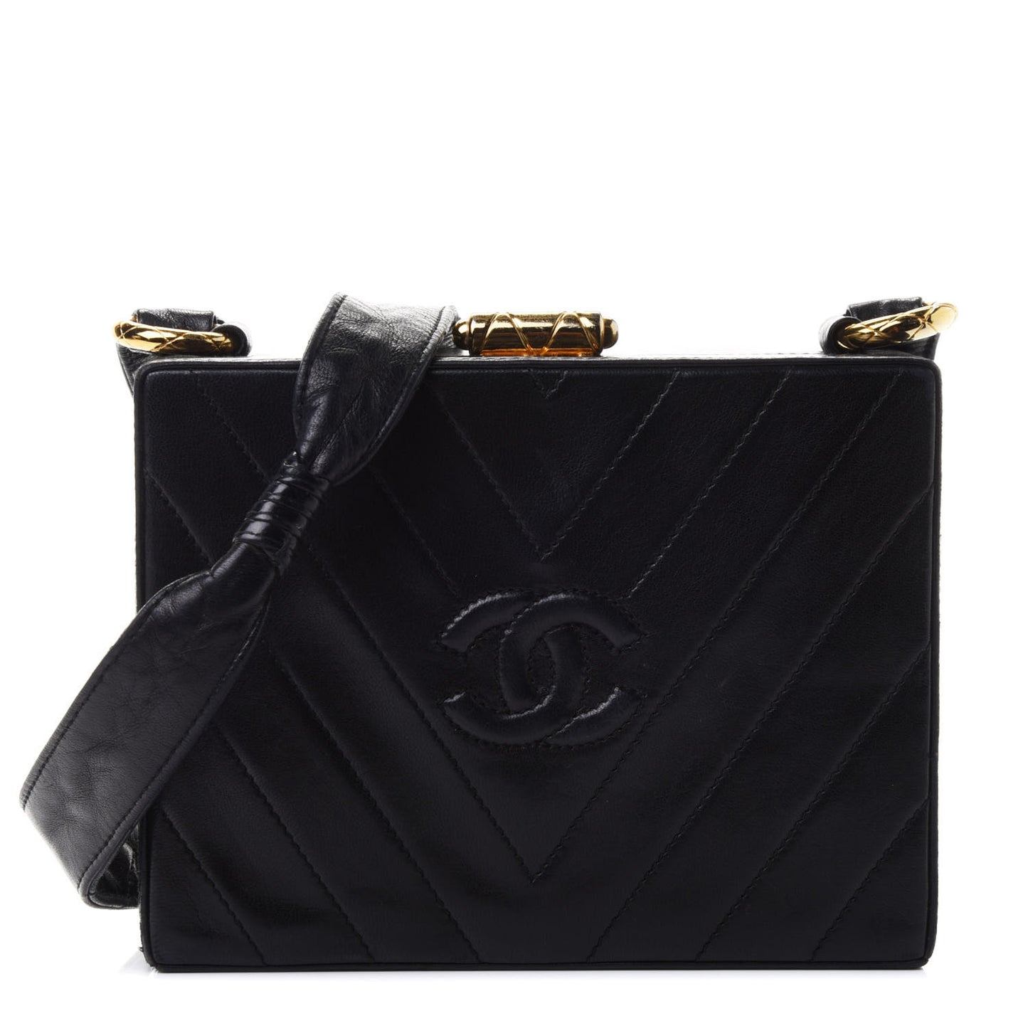 Lambskin Chevron Quilted CC Shoulder Bag Black