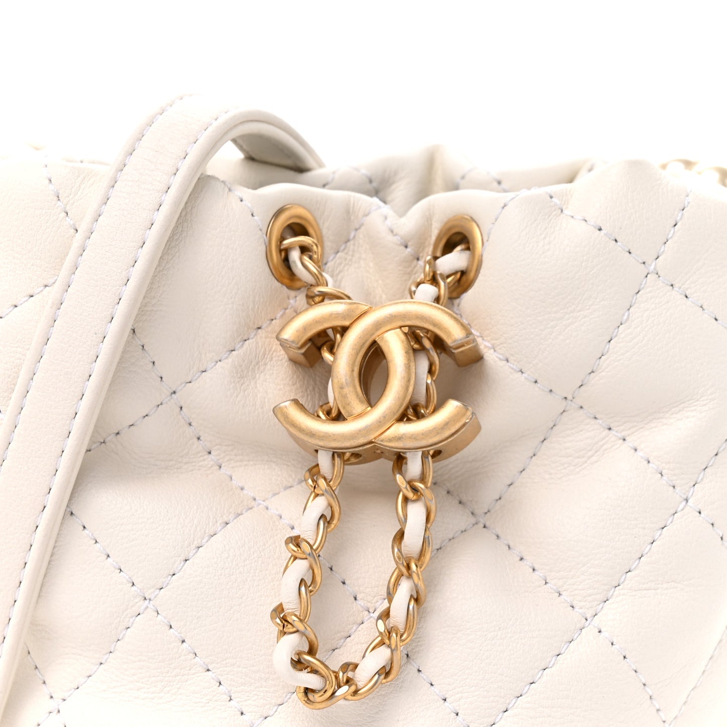 Calfskin Quilted Pearl Mini About Pearls Drawstring Bucket Bag White