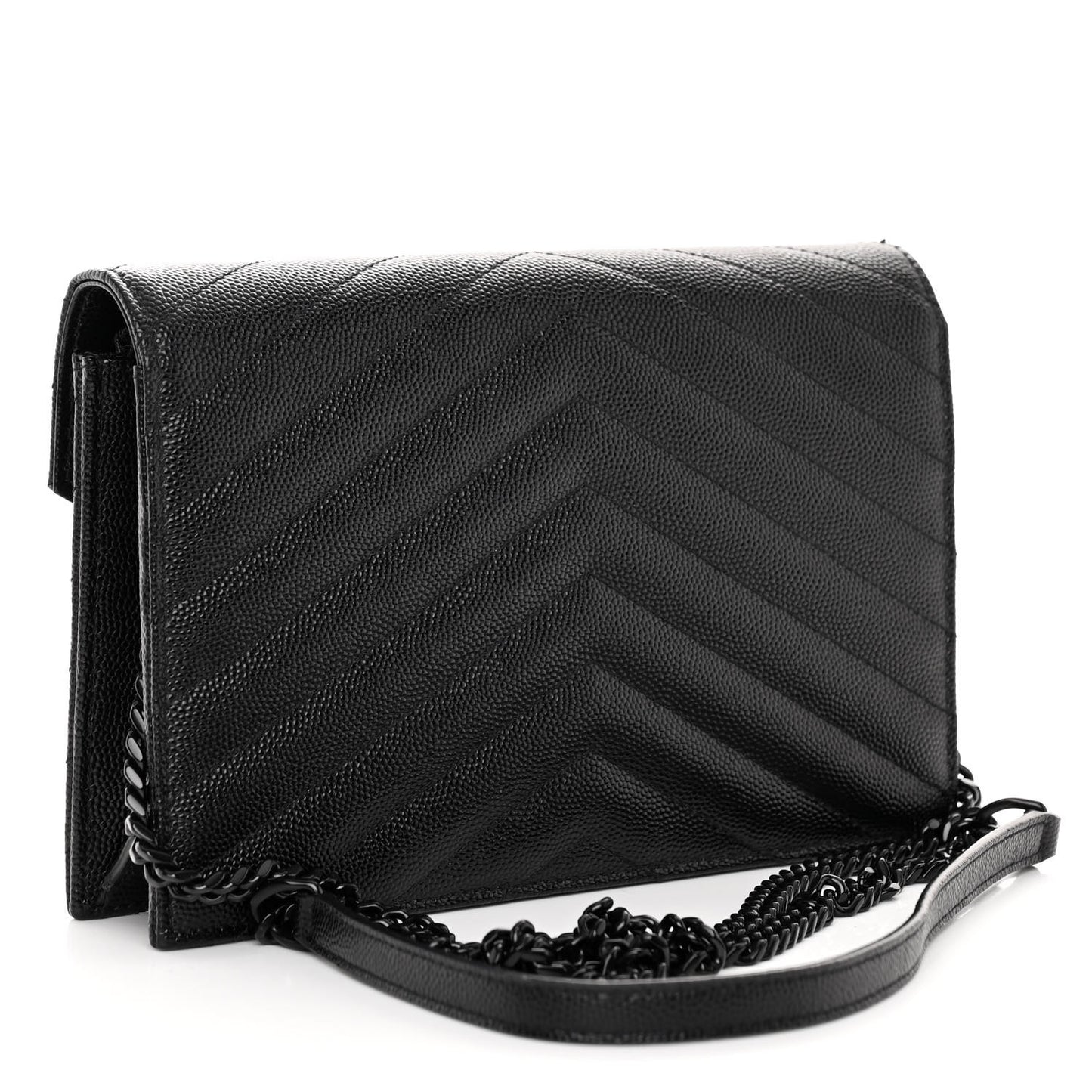 SAINT LAURENT Grain De Poudre Matelasse Chevron Monogram Monochrome Envelope Chain Wallet Black