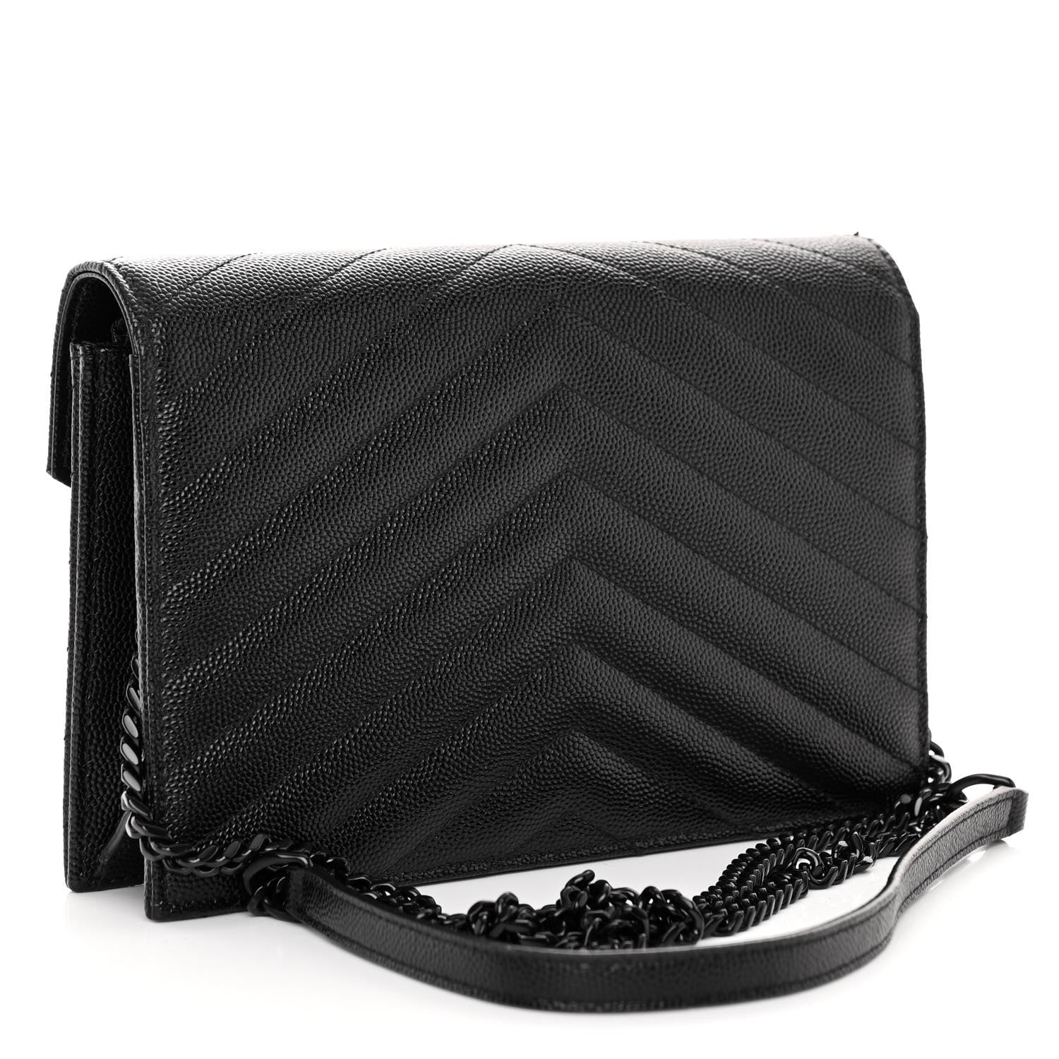 Saint Laurent SAINT LAURENT Grain De Poudre Matelasse Chevron Monogram Monochrome Envelope Chain Wallet Black 3 of 11