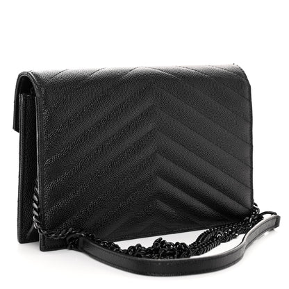 Saint Laurent SAINT LAURENT Grain De Poudre Matelasse Chevron Monogram Monochrome Envelope Chain Wallet Black 3 of 11