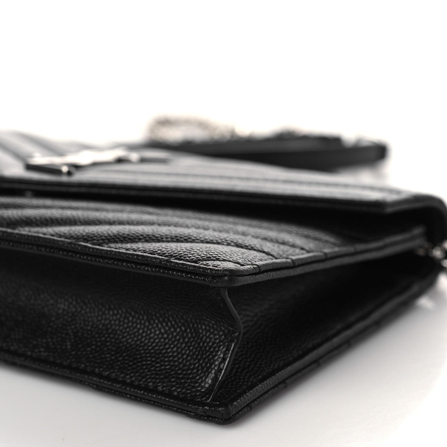 Saint Laurent Grain De Poudre Matelasse Chevron Monogram Envelope Chain Wallet Black 8 of 9