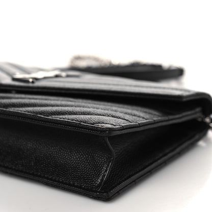 Saint Laurent Grain De Poudre Matelasse Chevron Monogram Envelope Chain Wallet Black 8 of 9