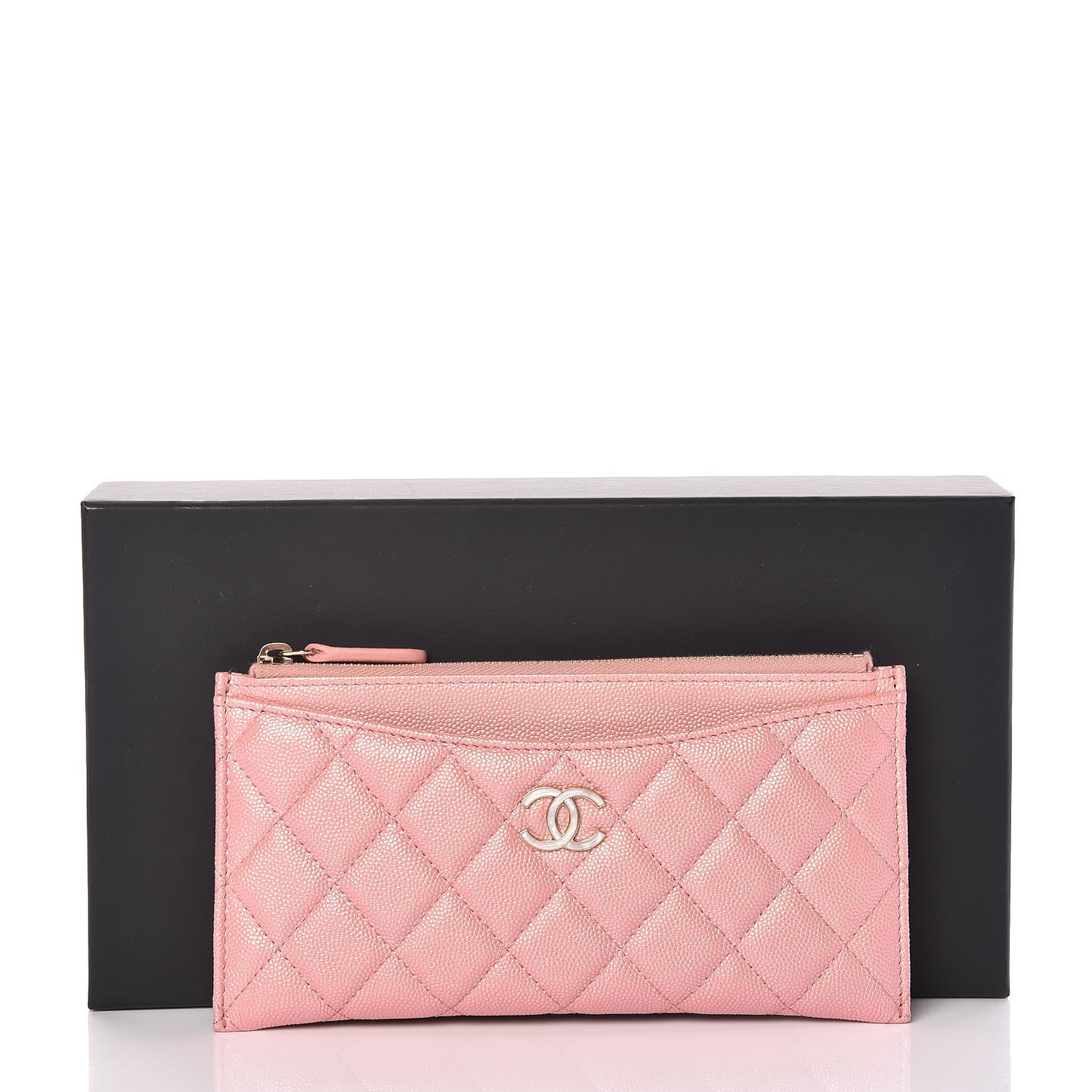 Iridescent Caviar Quilted Classic Zip Pouch Rose Pink