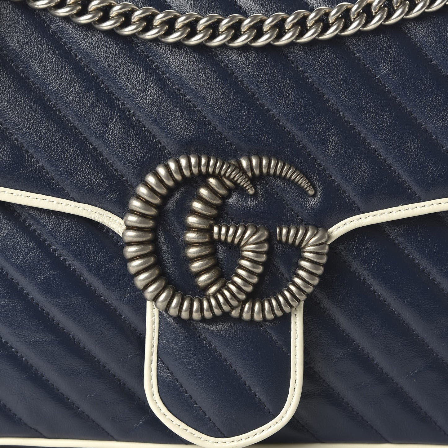 Vintage Effect Calfskin Matelasse Diagonal Medium Torchon GG Marmont Shoulder Bag Blue Agata Mystic White