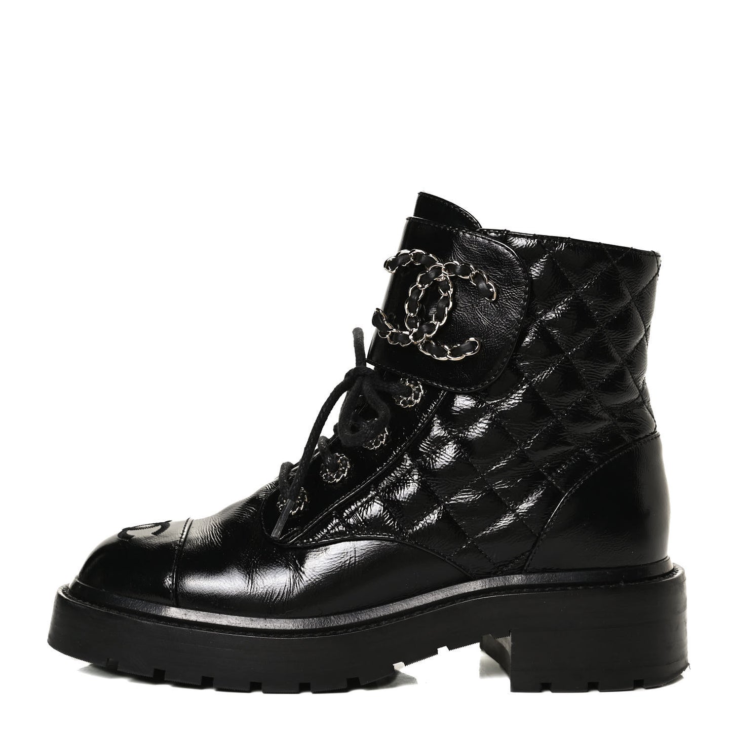 Shiny Calfskin Quilted Lace Up Combat Boots 35.5 Black