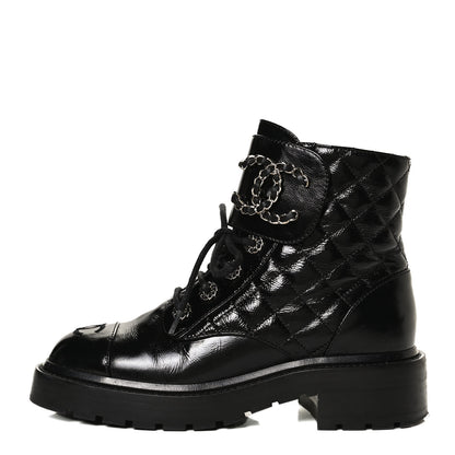 Chanel Shiny Calfskin Quilted Lace Up Combat Boots 35.5 Black 1 of 14