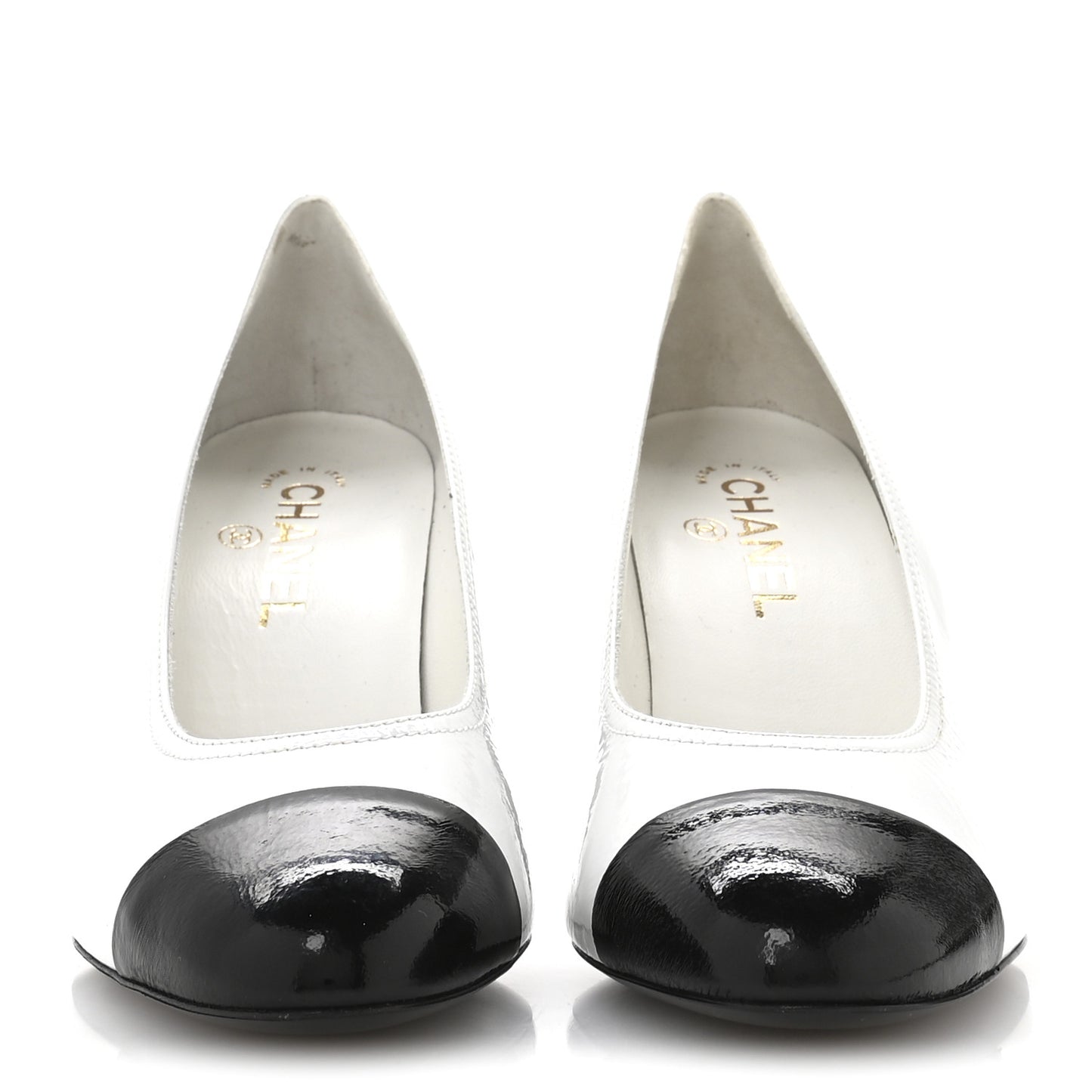 Patent Calfskin Crystal Cap Toe Logo Pumps 40 White Black