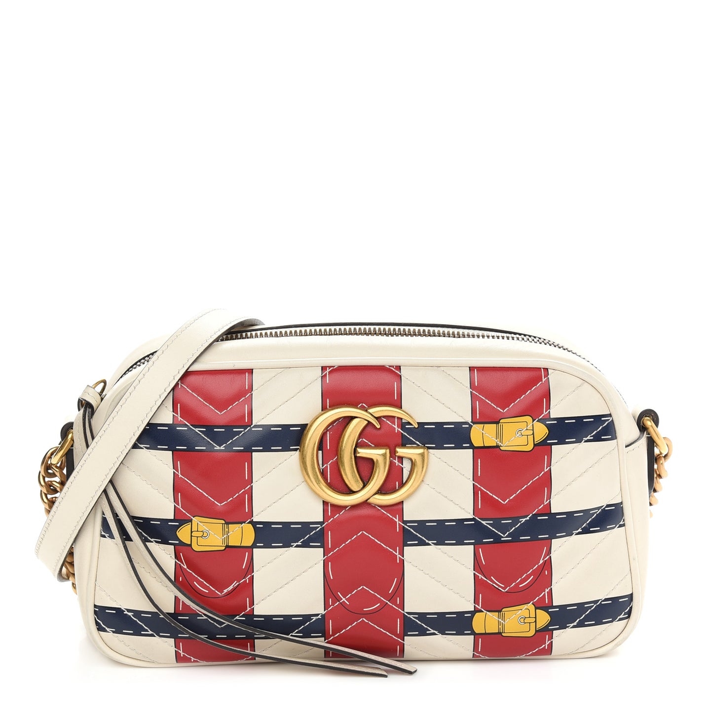 Calfskin Matelasse Trompe L'Oeil Print Small GG Marmont Chain Shoulder Bag White