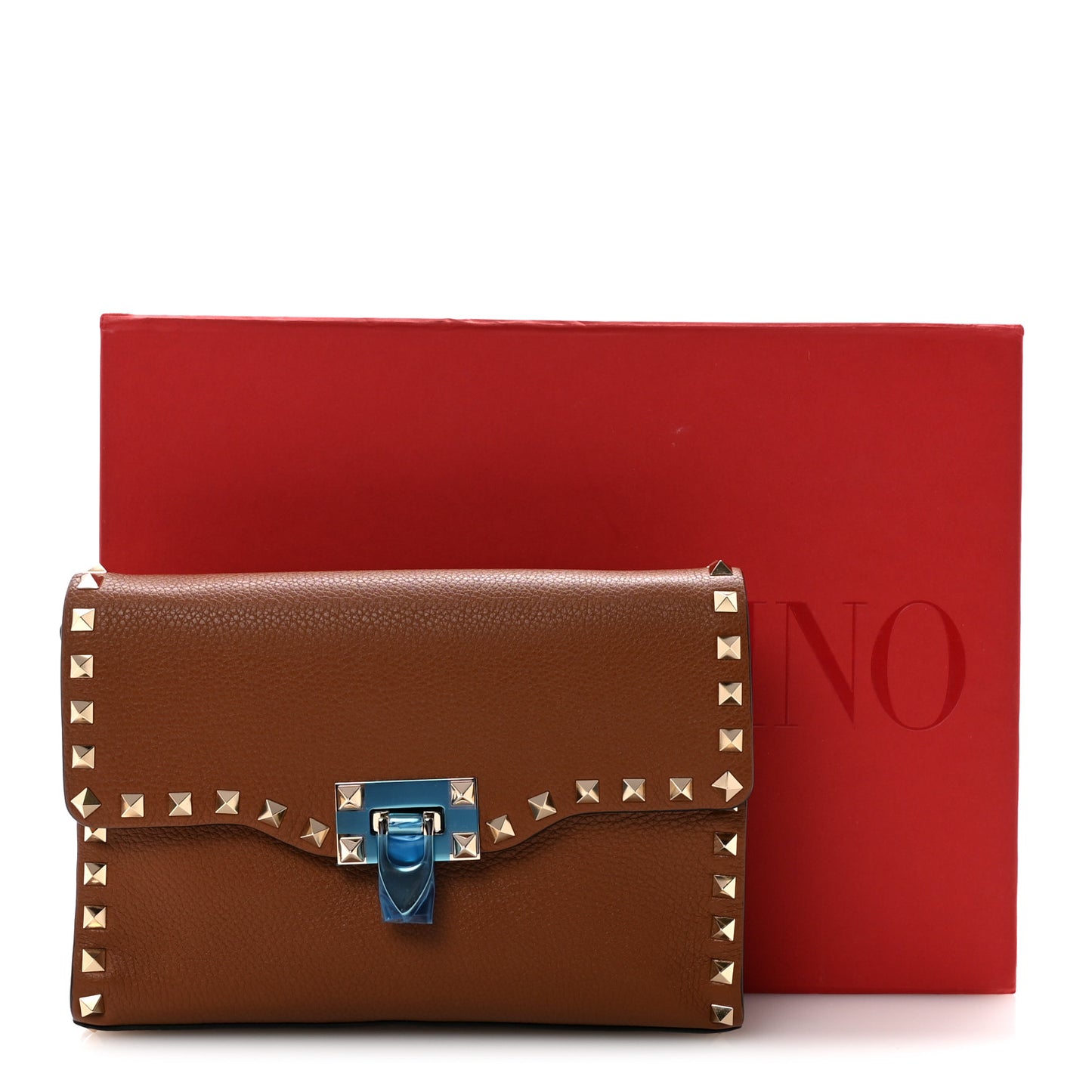 Pebbled Calfskin Medium Rockstud Flip Lock Crossbody Bag Saddle Brown
