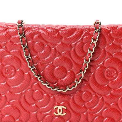 Chanel Caviar Camellia Embossed Wallet On Chain WOC Red 9 of 11