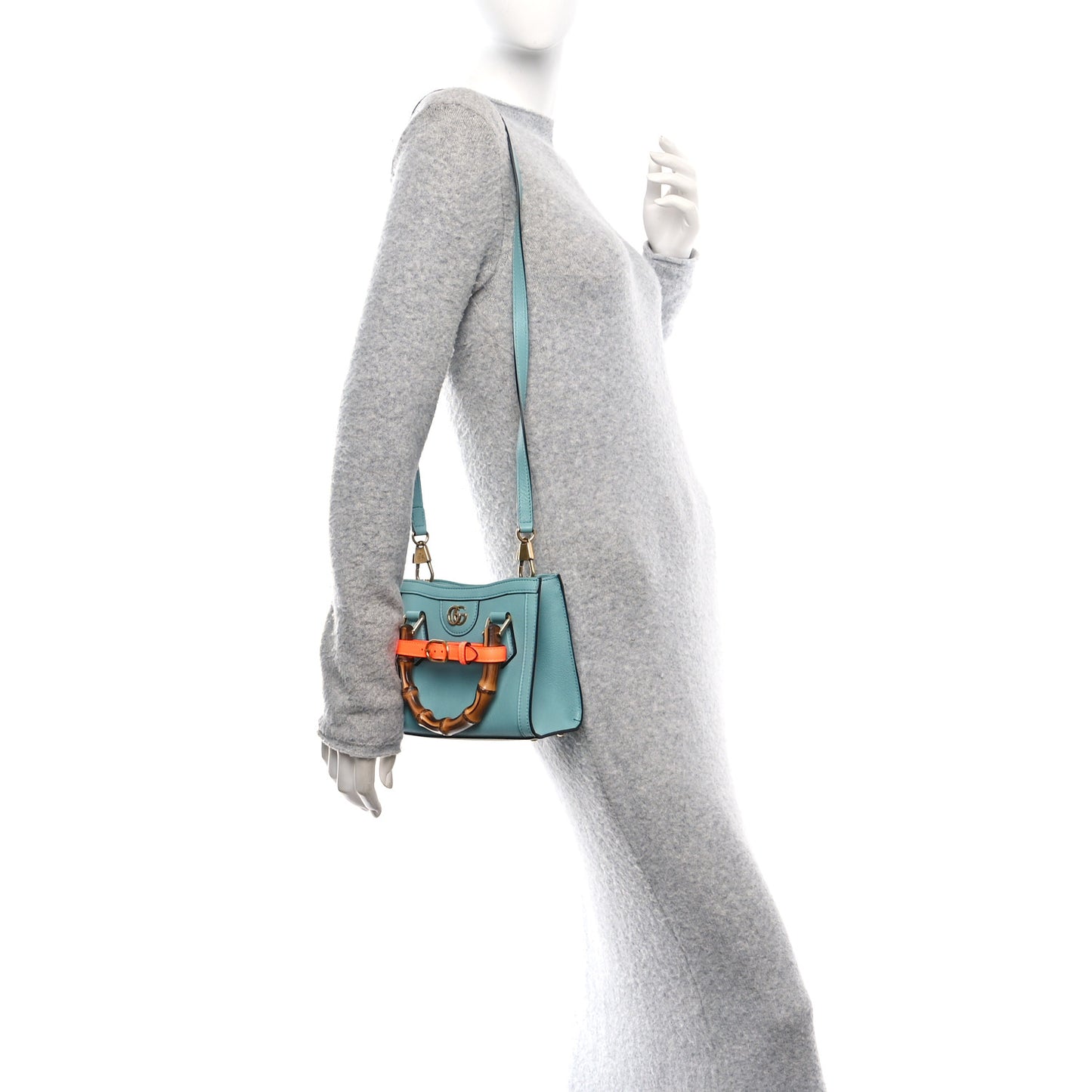 Textured Dollar Calfskin Web Mini Diana Tote Bag Dusty Azure Deep Orange