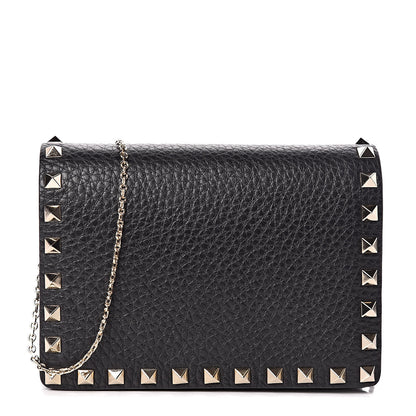 Valentino Garavani Pebbled Calfskin Rockstud Wallet on Chain Black 1 of 10