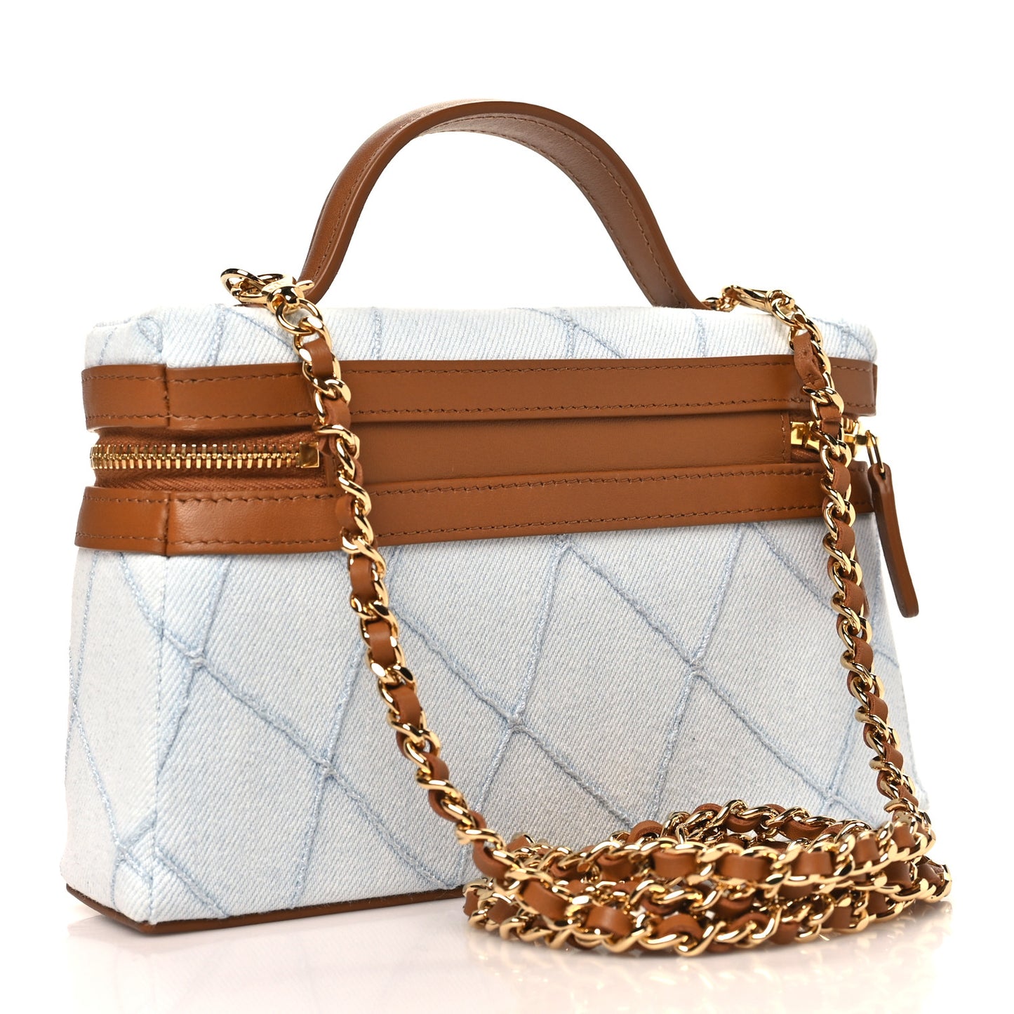 Washed Denim Calfskin Quilted Top Handle Slim Vanity Case With Chain Blue Brown