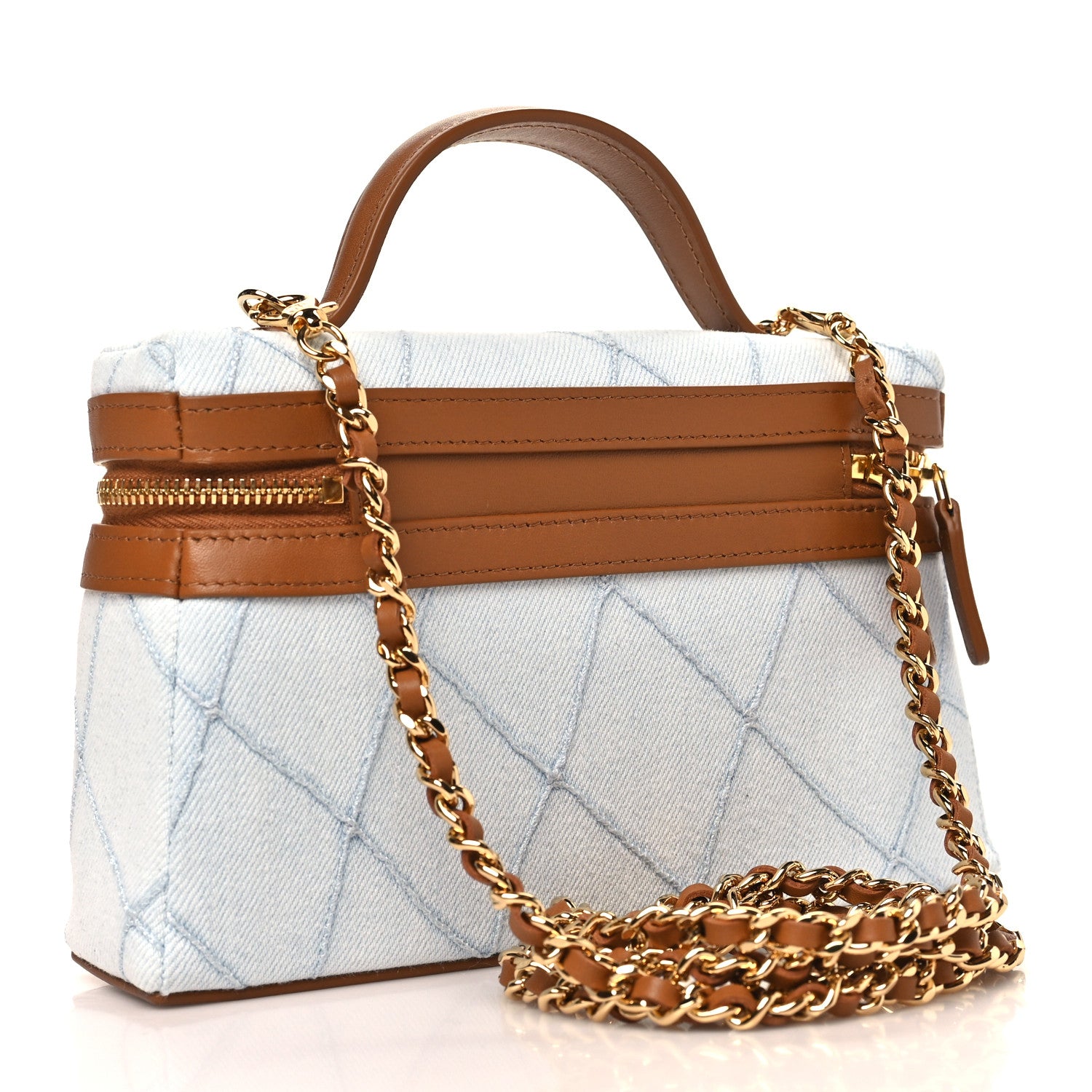 Chanel Washed Denim Calfskin Quilted Top Handle Slim Vanity Case With Chain Blue Brown 3 of 11