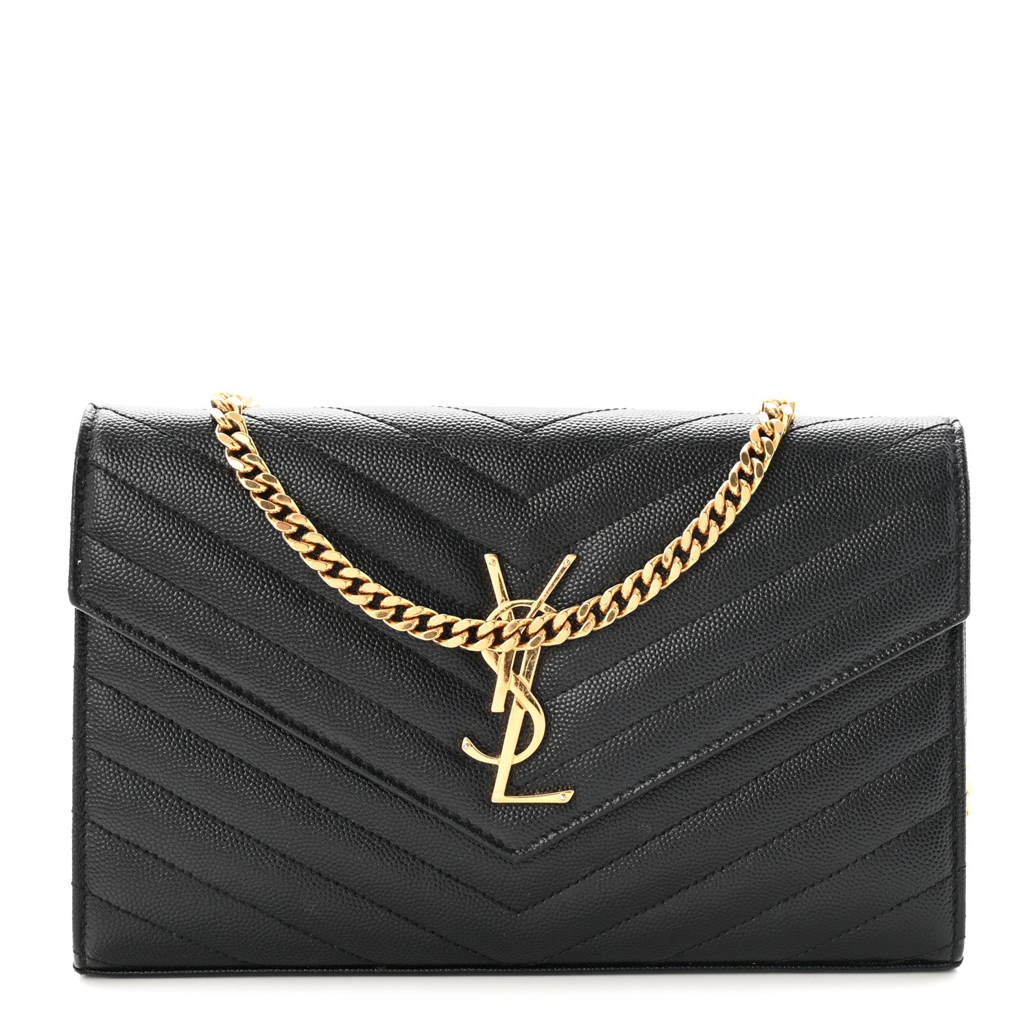 Saint Laurent Grain De Poudre Matelasse Chevron Monogram Chain Wallet Black 1 of 10