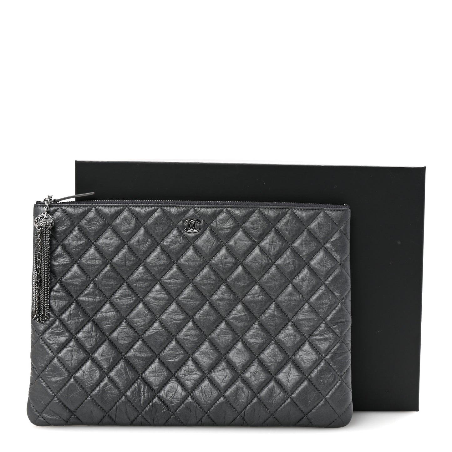 Aged Calfskin Quilted Large Tassel Cosmetic Case Dark Grey