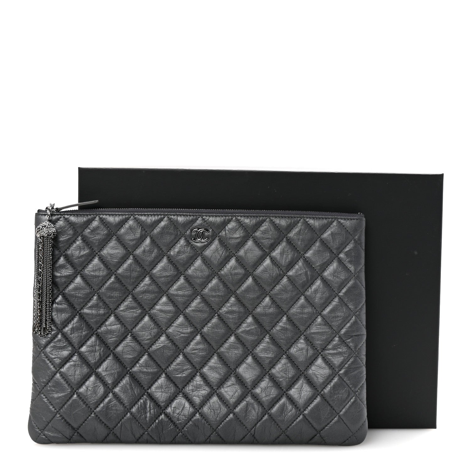 Chanel Aged Calfskin Quilted Large Tassel Cosmetic Case Dark Grey 8 of 8