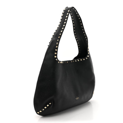 Valentino Garavani Grained Calfskin Large Rockstud Hobo Black 3 of 9