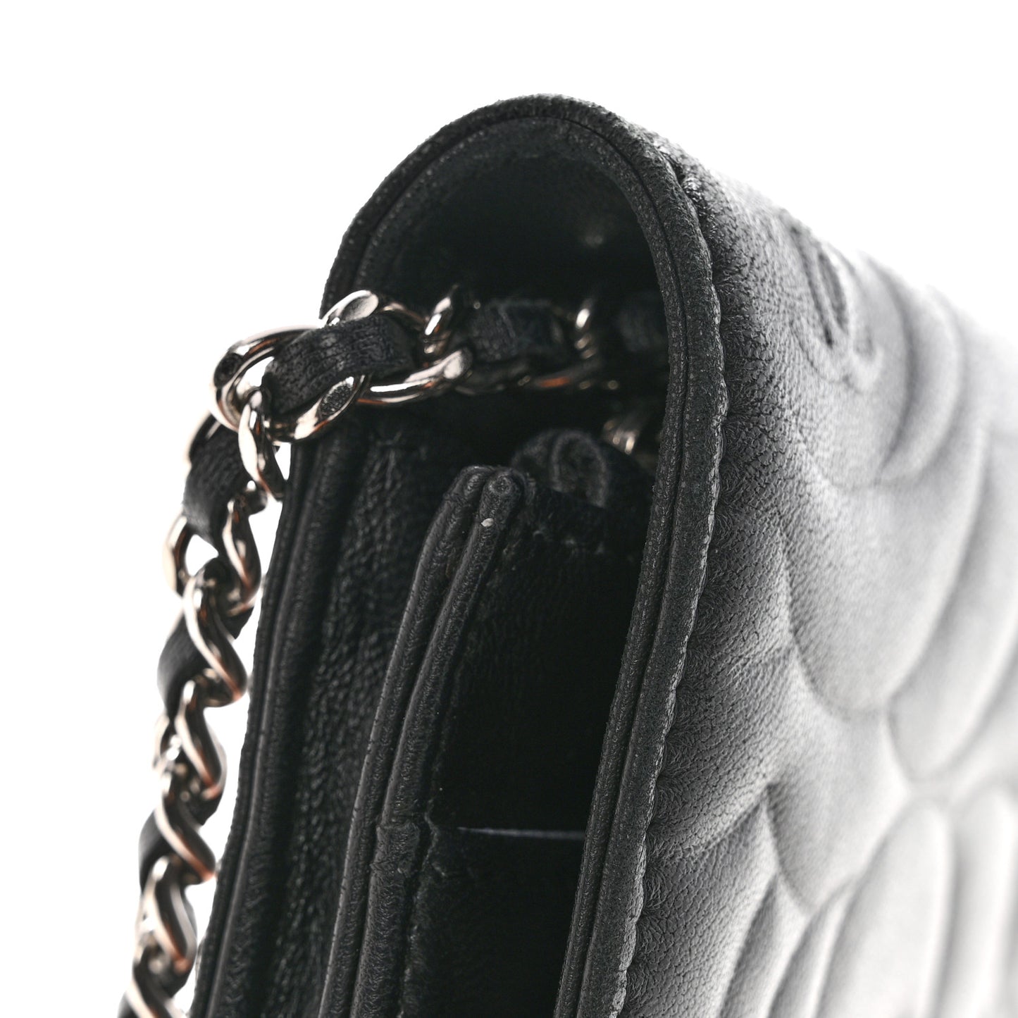 Lambskin Camellia Embossed Wallet On Chain WOC Black