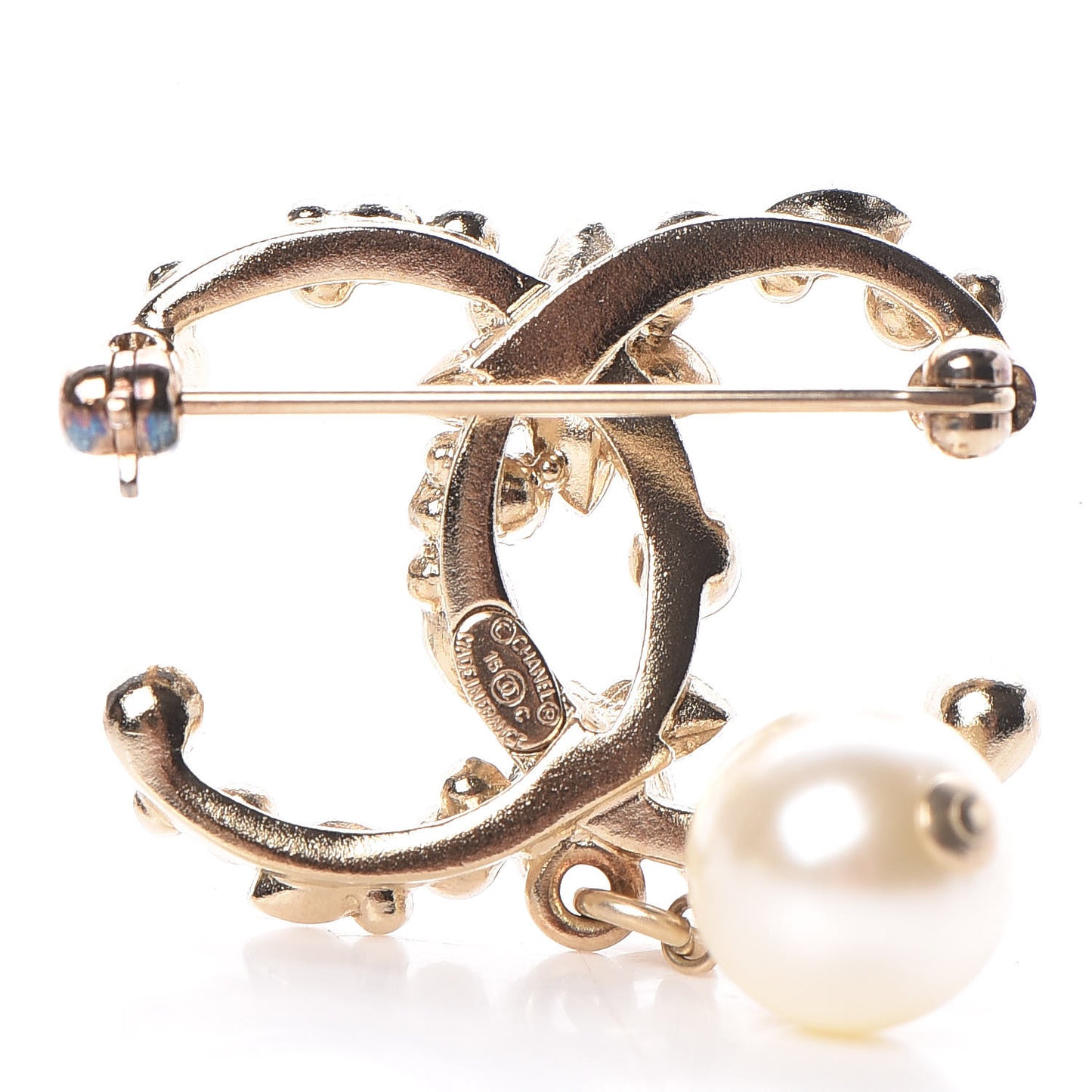 Crystal Pearl Drop CC Brooch Gold