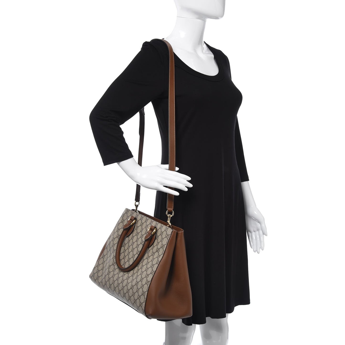 GG Supreme Monogram Moon Calfskin Top Handle Tote Bag Beige Ebony Tuscany