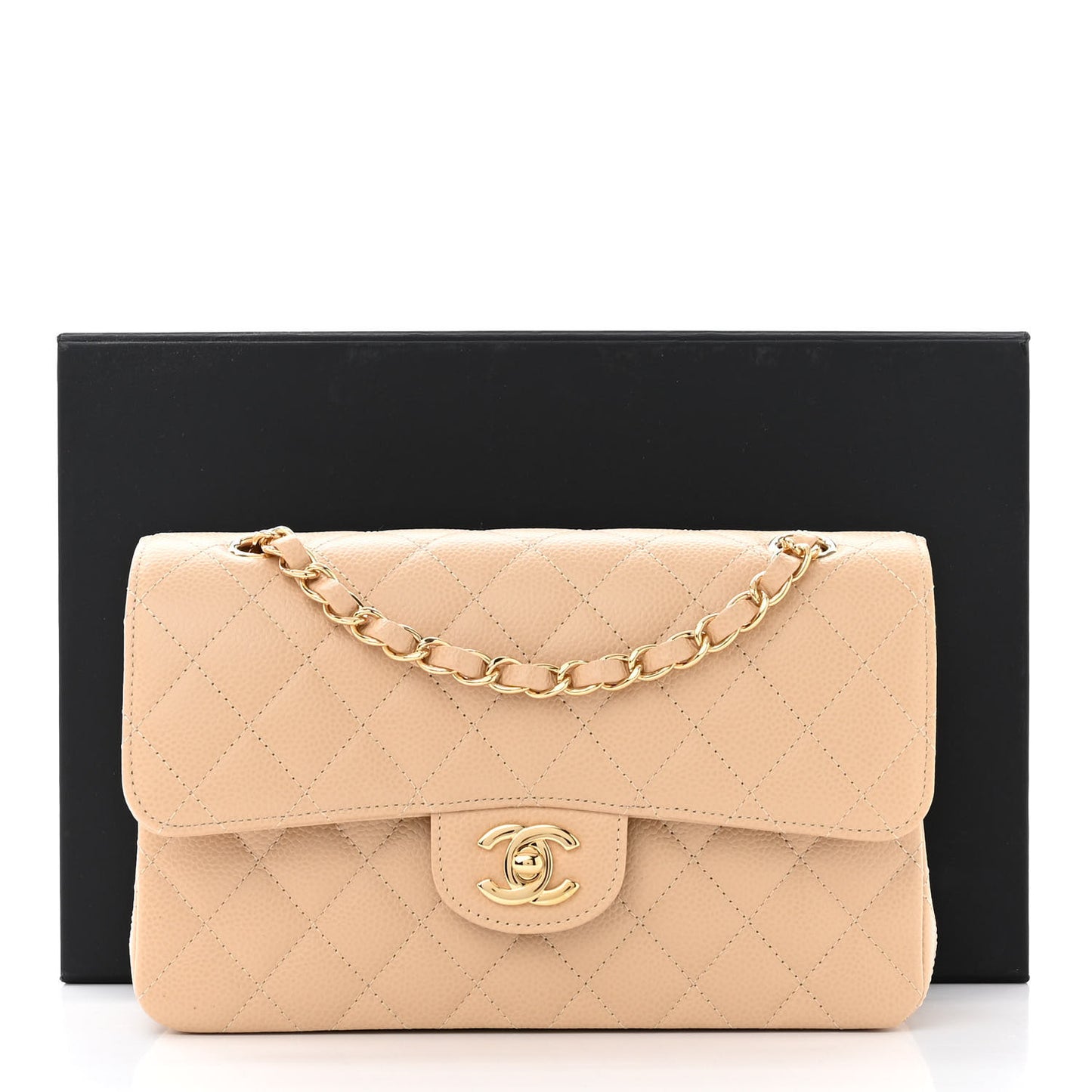 Caviar Quilted Small Double Flap Beige