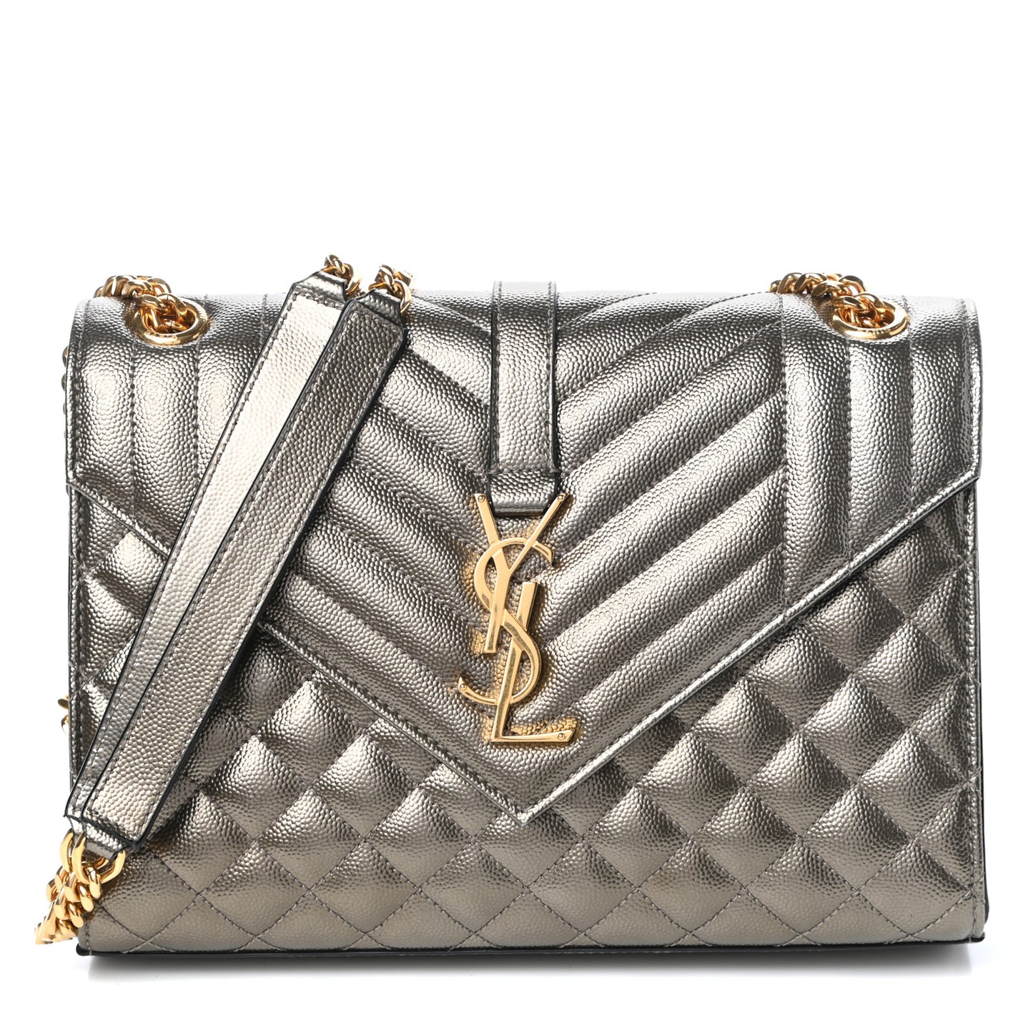 Metallic Grain De Poudre Textured Mixed Matelasse Triquilt Medium Monogram Satchel Piombo