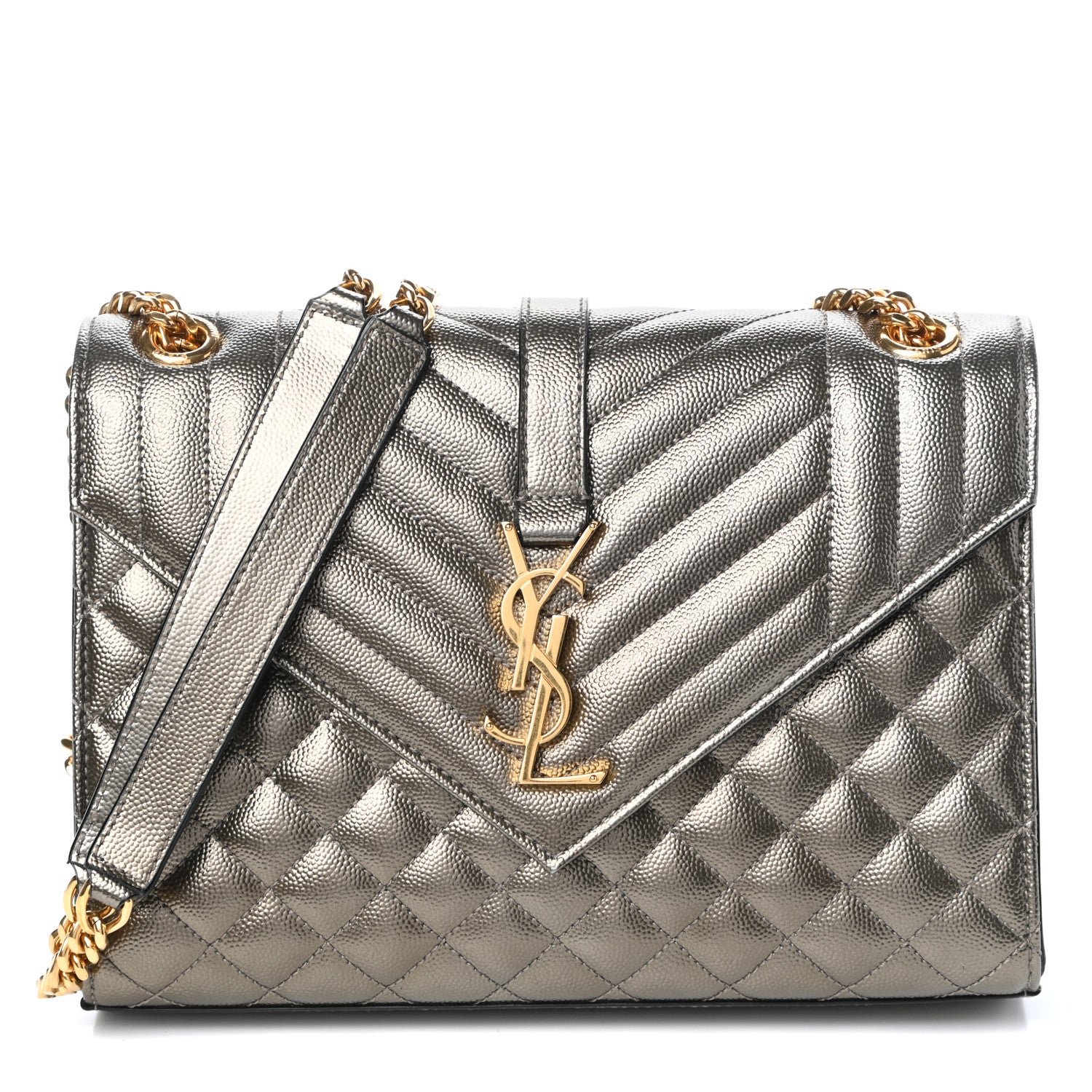 Saint Laurent Metallic Grain De Poudre Textured Mixed Matelasse Triquilt Medium Monogram Satchel Piombo 1 of 9
