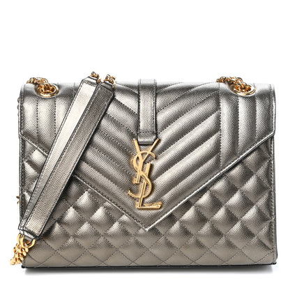 Saint Laurent Metallic Grain De Poudre Textured Mixed Matelasse Triquilt Medium Monogram Satchel Piombo 1 of 9