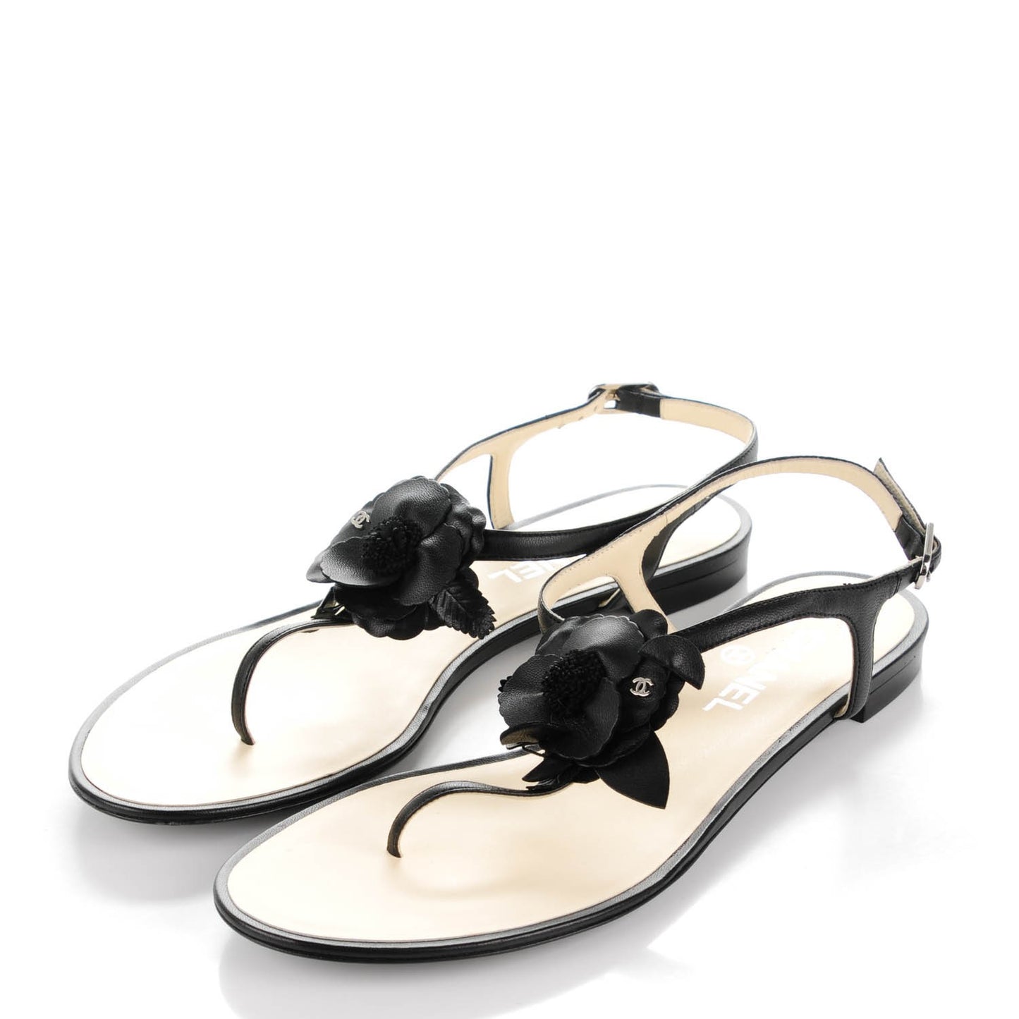 Lambskin Camellia Thong Sandals 40 Black