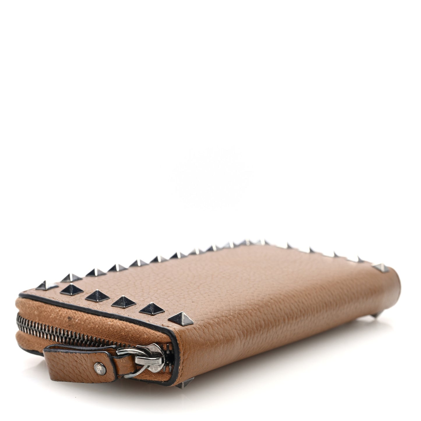 Grained Calfskin Rockstud Zip Around Wallet Bright Cognac