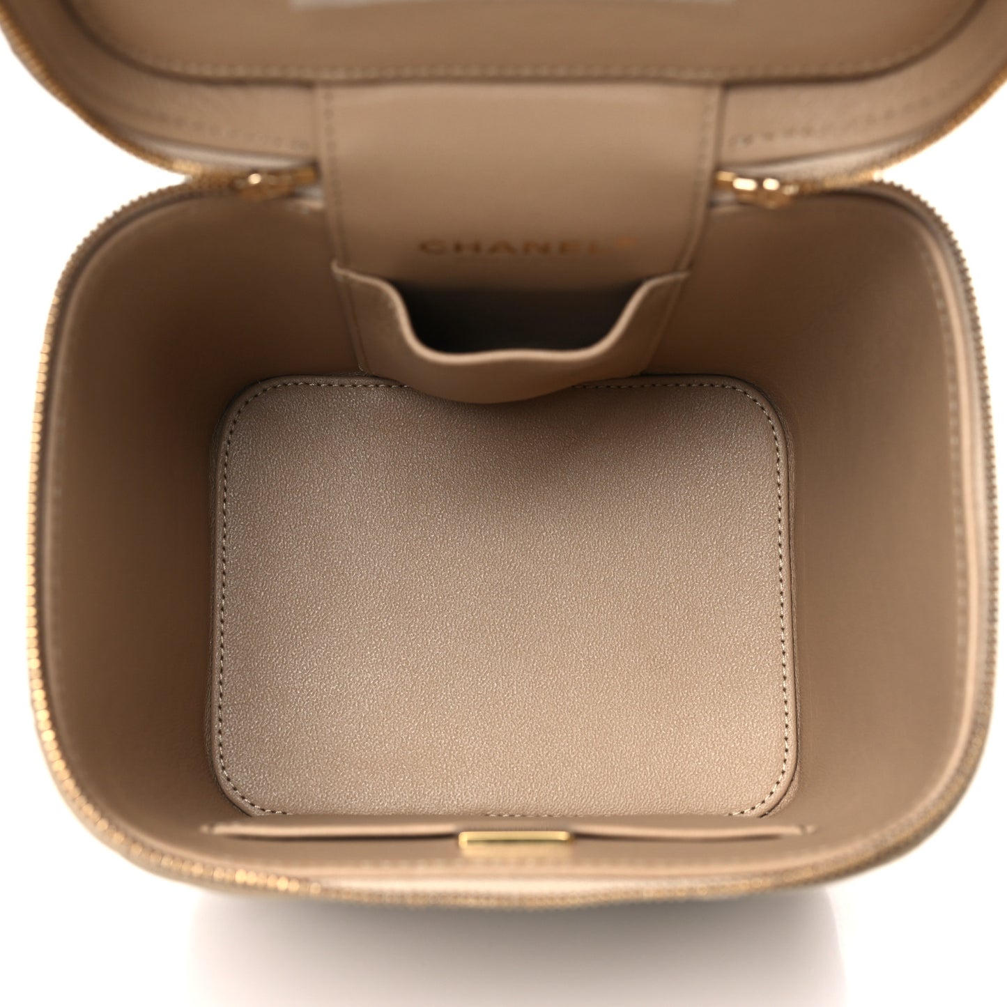 Caviar Quilted Small Top Handle Vanity Case With Chain Dark Beige