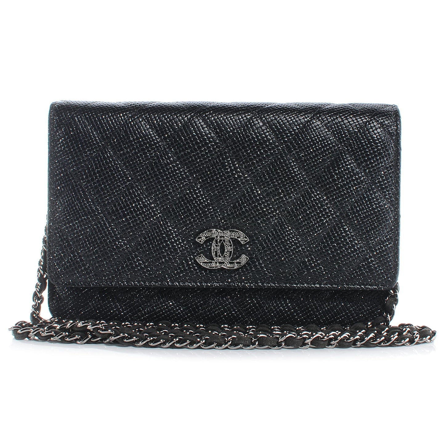 Glitter Calfskin Quilted Wallet on Chain WOC Black Silver