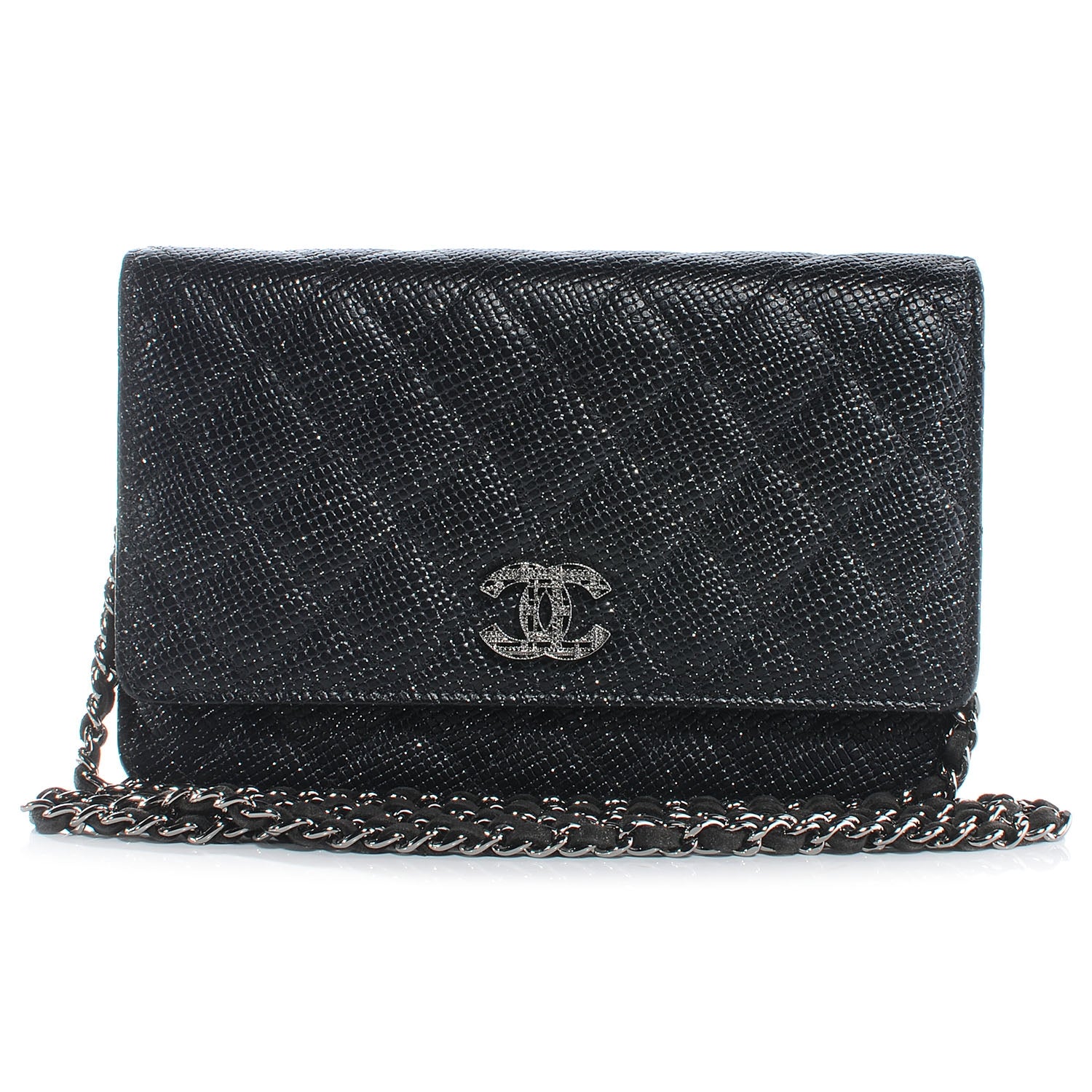 Chanel Glitter Calfskin Quilted Wallet on Chain WOC Black Silver 1 of 8