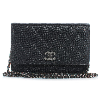 Chanel Glitter Calfskin Quilted Wallet on Chain WOC Black Silver 1 of 8