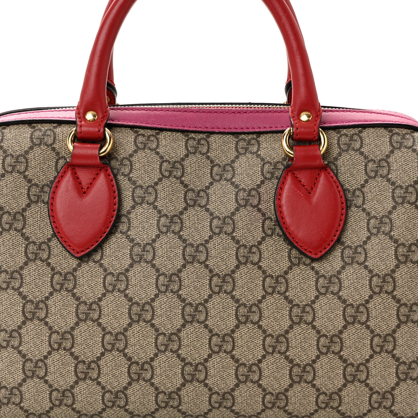 GG Supreme Monogram Moon Calfskin Small Boston Beige Ebony Hibiscus Red New Rosette
